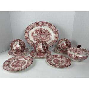 Wood & Sons English Scenery Pink Platter Sugar Bowl Tea Cups Lot Of 13